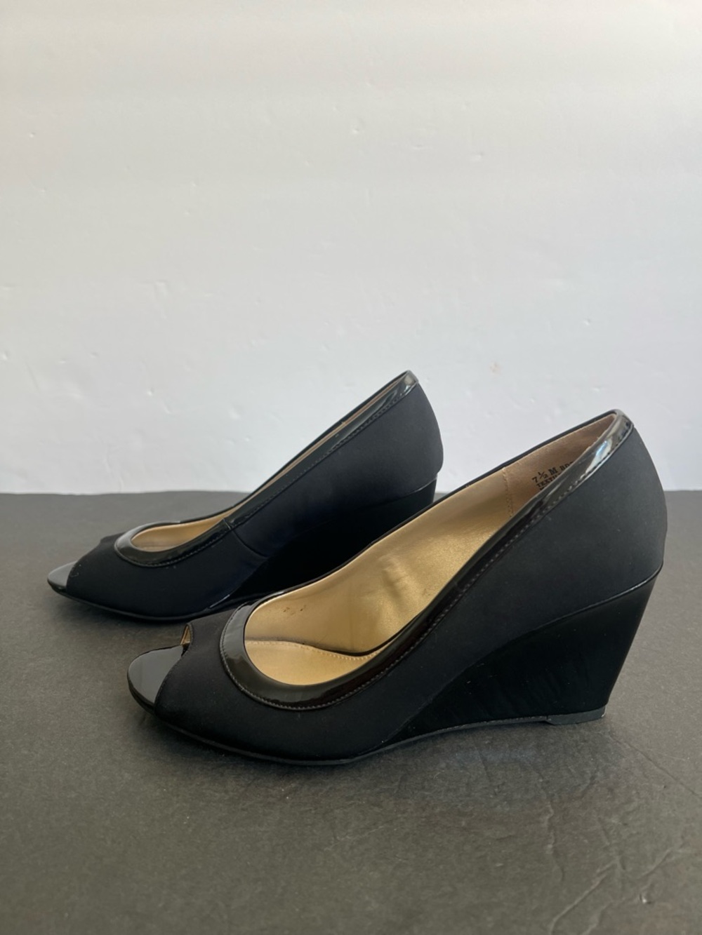 Bandolino Black Satin Peep Toe Wedges, 7.5 - Picture 4 of 7